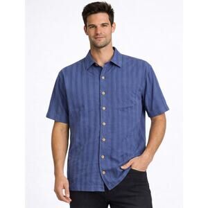 Batik Bay Button Shirt Short Sleeve Casual Men Small Blue Rayon